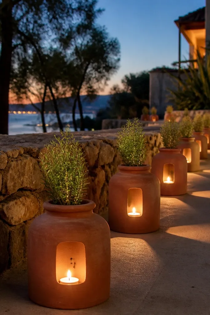 Terracotta lanterns on a table with rosemary sprigs and warm candlelight