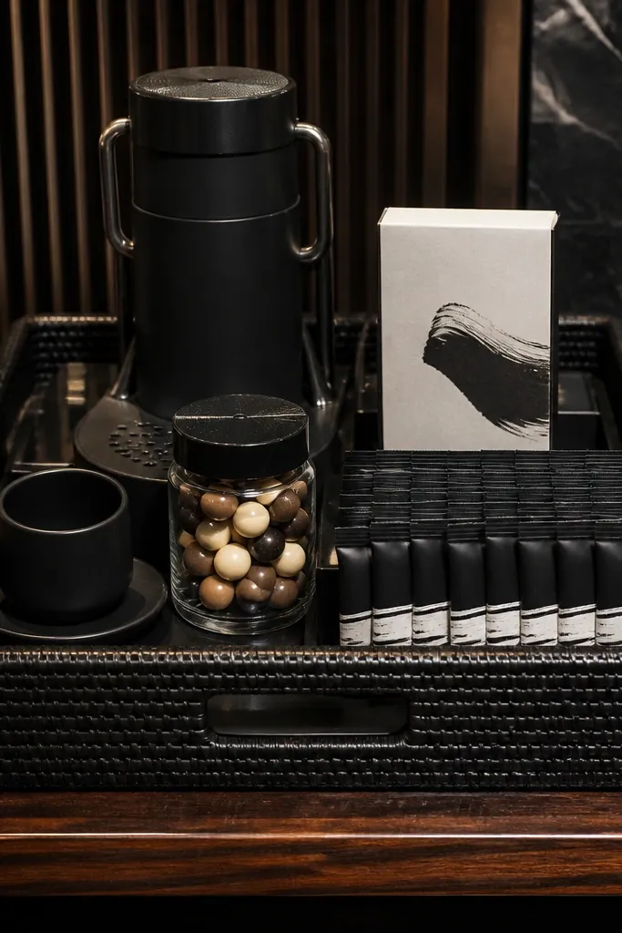 Black rattan tray with espresso sachets, small jar candies, and black ribbon