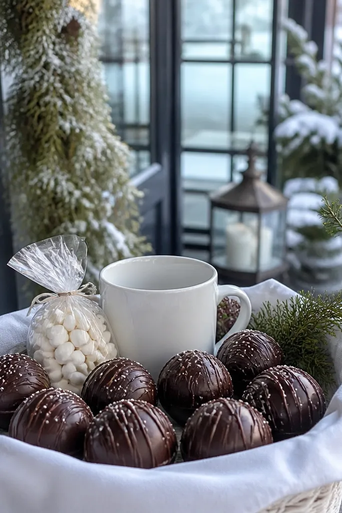 White mug basket with cocoa bombs, marshmallows, and cream ribbon