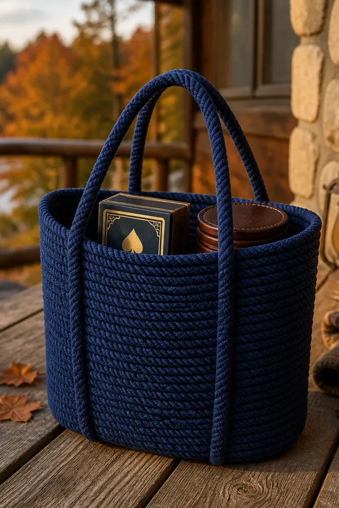 Navy rope tote with small card deck, leather-look coasters, and navy ribbon