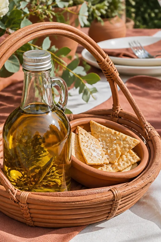 Terracotta basket with olive oil bottle, crackers, and terracotta ribbon