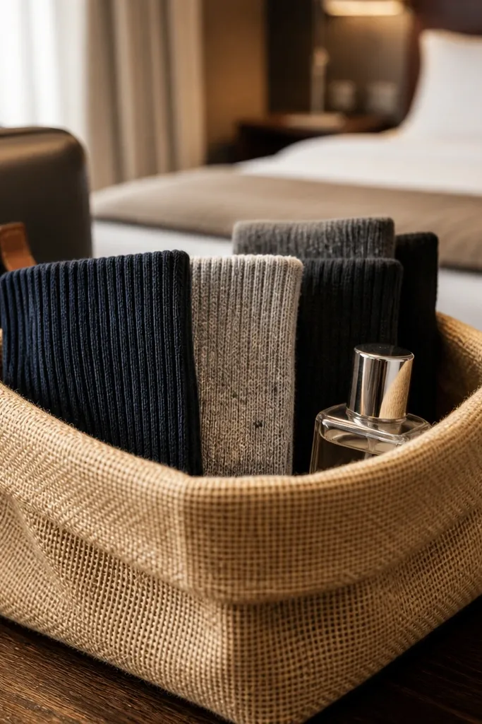 Cream burlap basket with folded socks, small cologne bottle, and beige ribbon