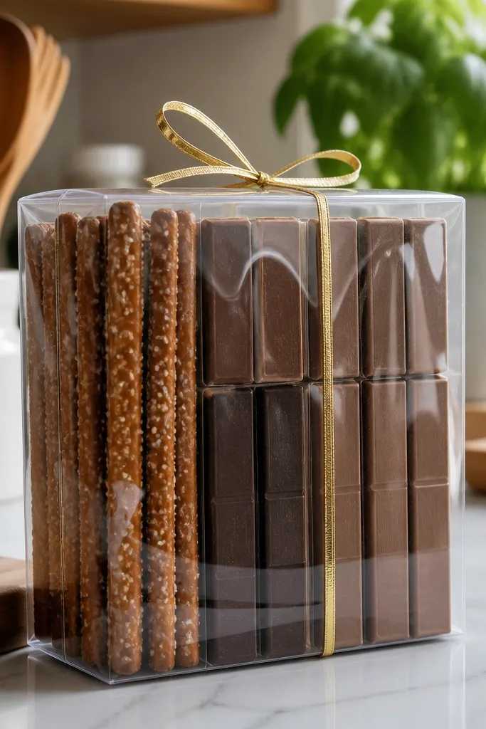 Clear gift box with pretzel rods, chocolate bars, and gold ribbon