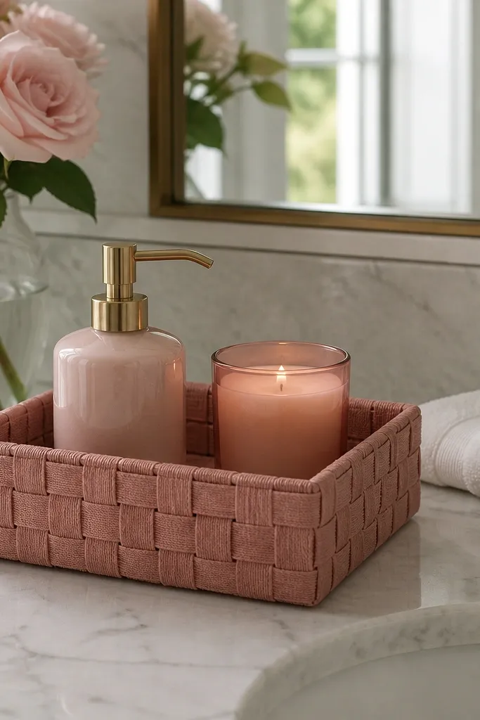 Dusty rose basket with rose candle, hand soap, and blush ribbon