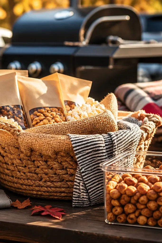 Jute-wrapped basket with spicy snack bags, beer nuts, and orange-brown ribbon
