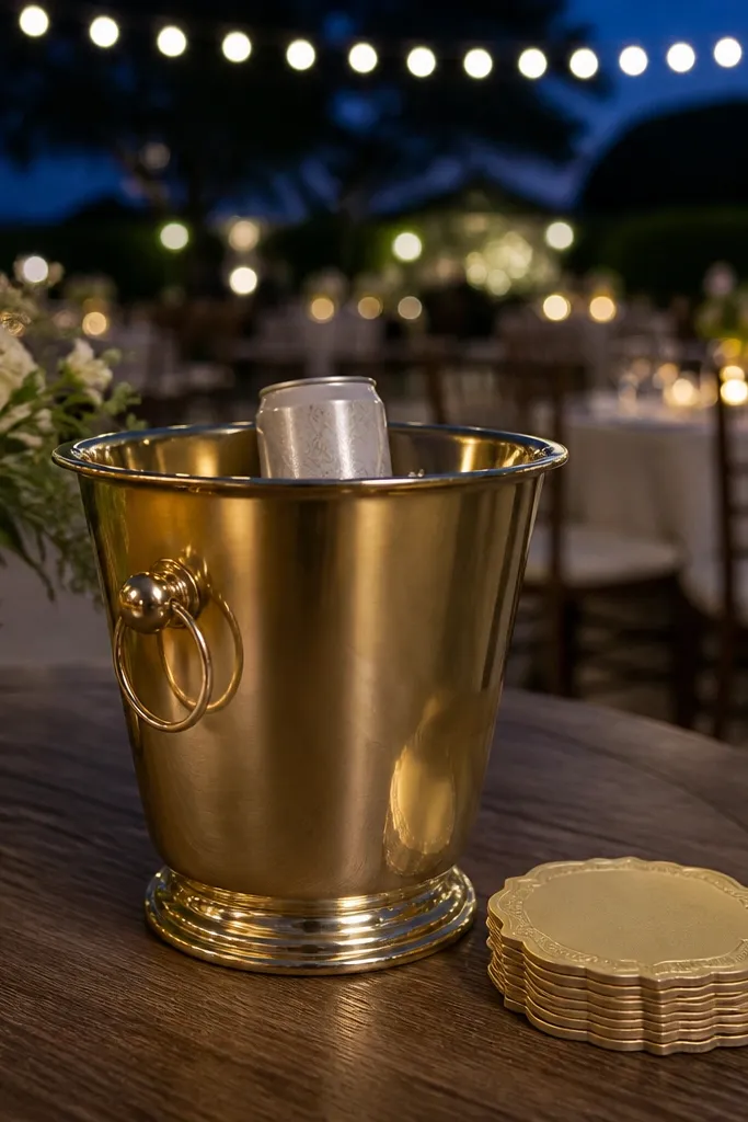 Champagne bucket with sparkling water cans, gold coasters, and champagne ribbon