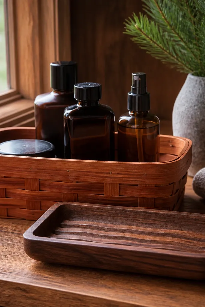 Cedar-toned basket with aftershave bottle, wooden soap dish, and twine