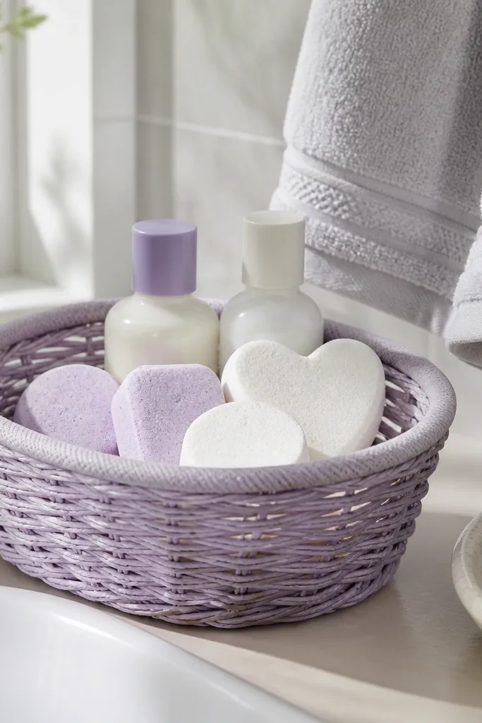 Lavender basket with shower steamers, mini lotion bottles, and lavender ribbon