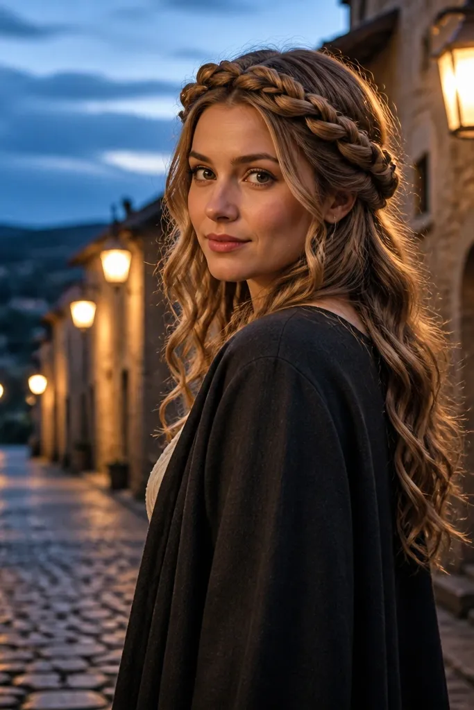 Loose waves with a thin braided crown around the head