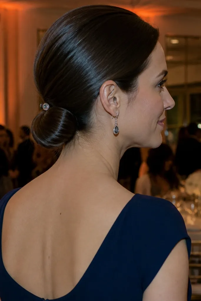 Low chignon bun with a small decorative clip tucked underneath