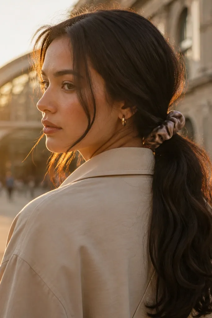 Low ponytail with satin scrunchie and two face-framing strands