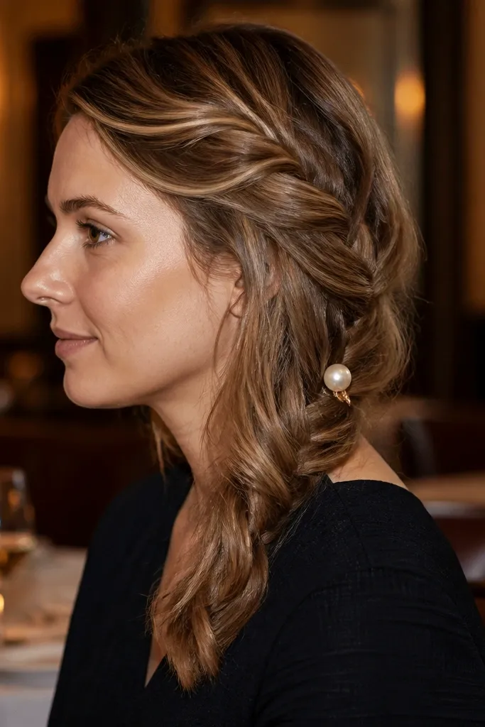 Side twisted braid pinned with a small pearl hairpin