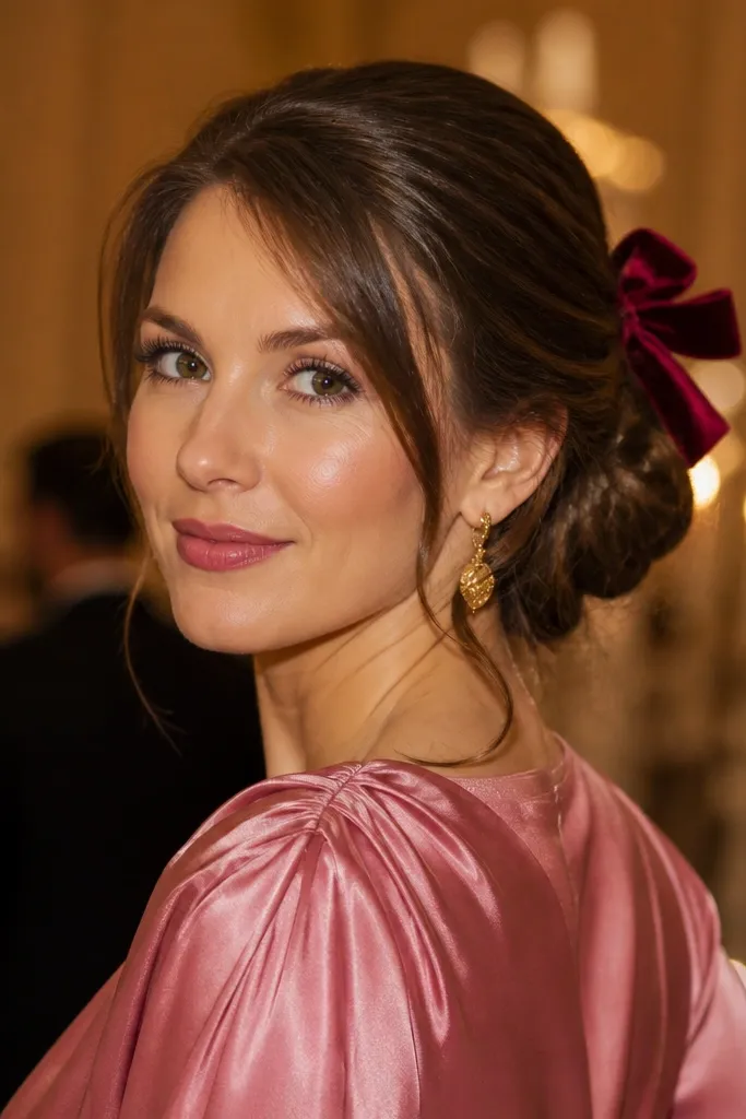 Low pinned updo with a velvet bow clip on top