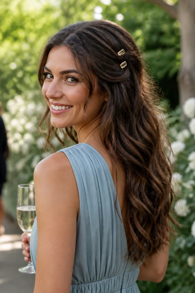 Half-up style with two decorative clips and gentle waves