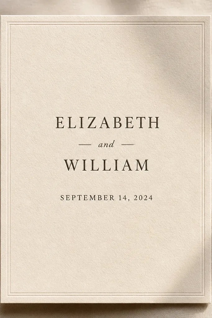 Cream wedding invitation with dark serif text and a subtle letterpress effect