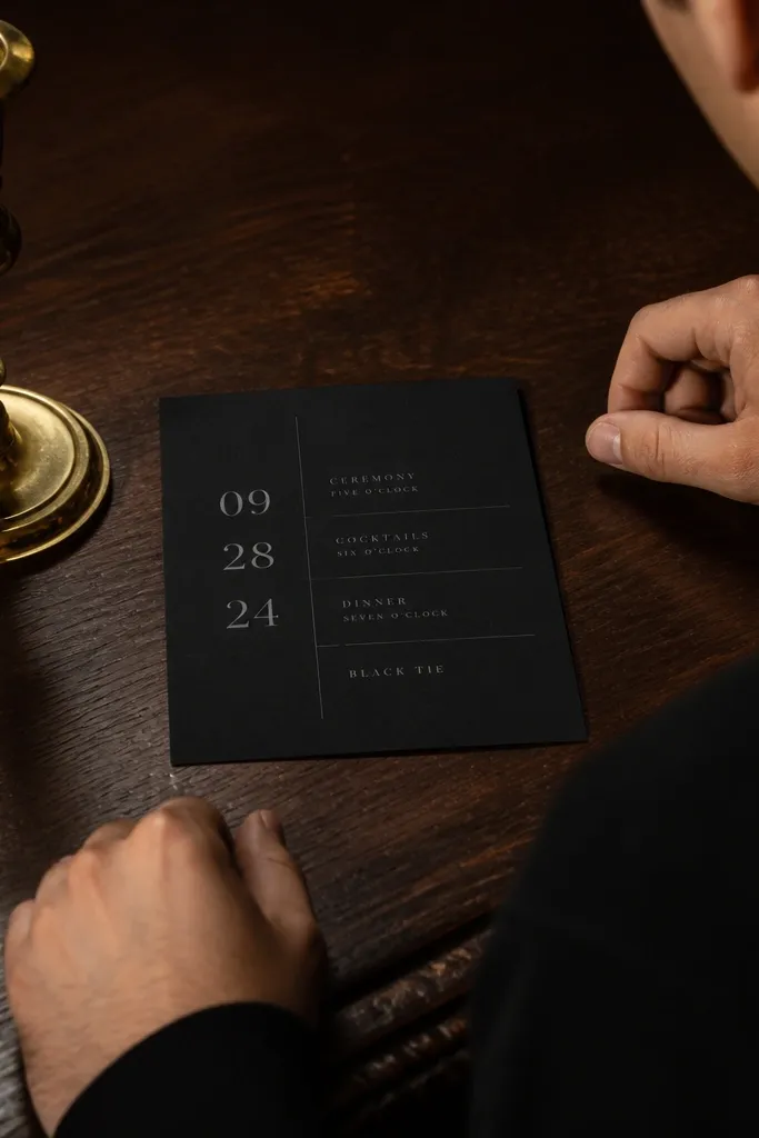 Monochrome black wedding invitation with thin divider lines and serif text