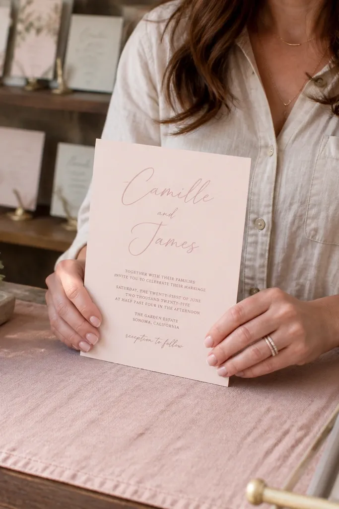 Blush wedding invitation with dusty rose script names and clean sans text