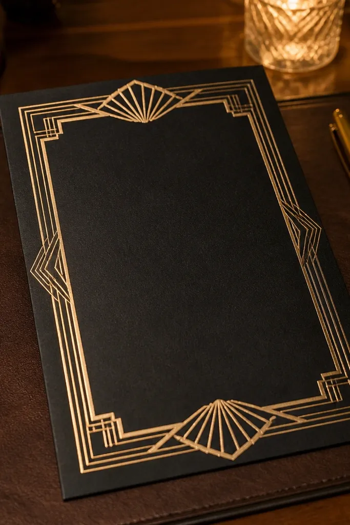 Art deco wedding invitation with geometric frame and gold-like accents