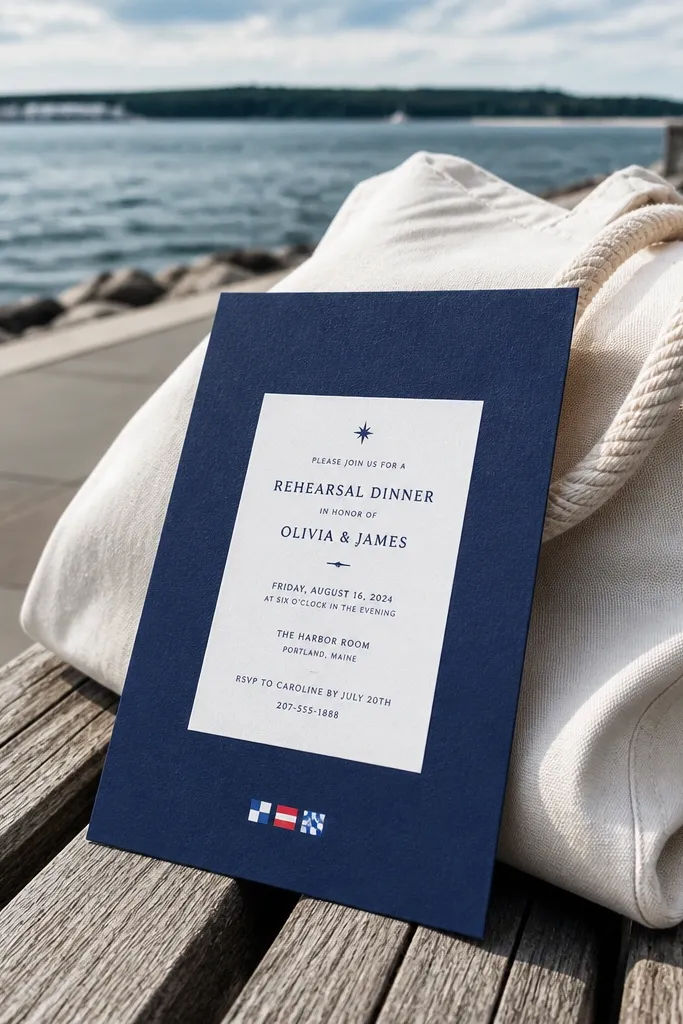 Navy wedding invitation with a white text panel and minimal icons