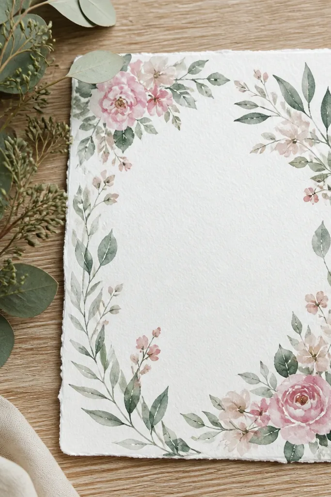 White wedding invitation with watercolor botanical border and centered text
