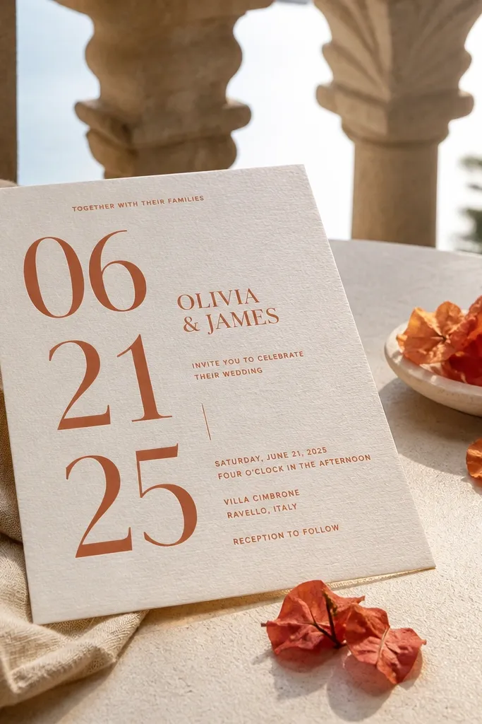 Terracotta wedding invitation with large date text and modern serif pairing