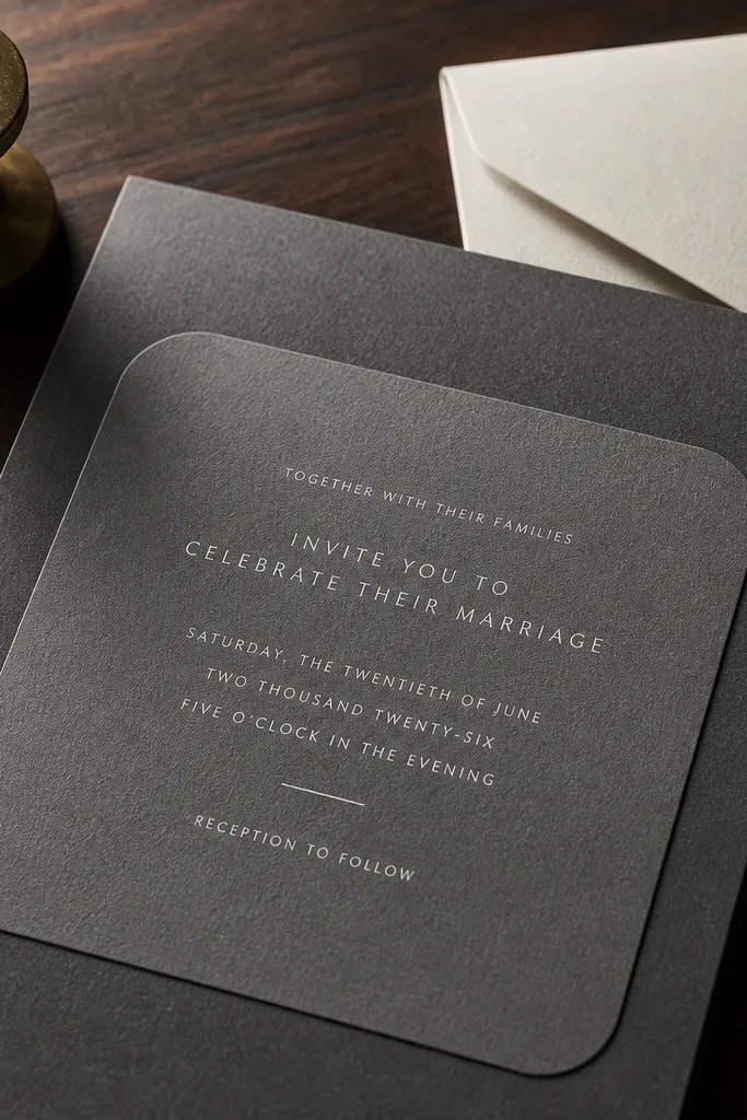 Charcoal wedding invitation with a rounded white label containing details