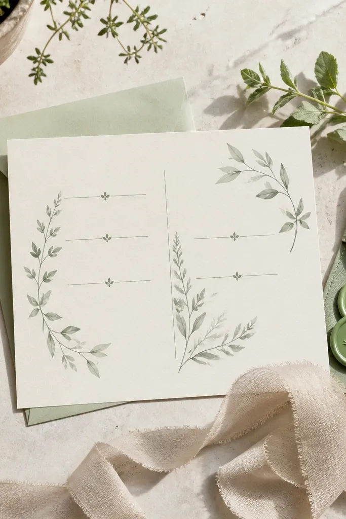 Ivory invitation with sage green text accents and tiny leaf icons