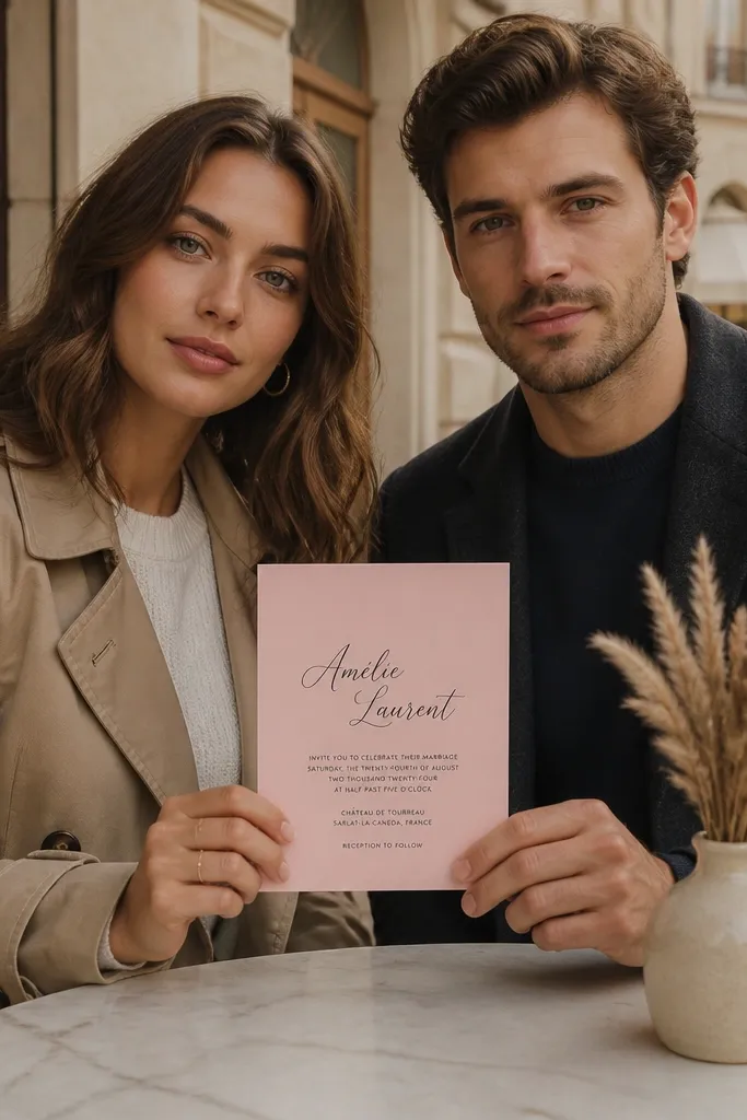 Blush and black wedding invitation with cursive French-style script and clean text