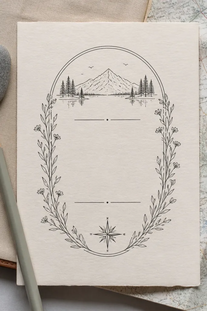 White wedding invitation with thin line art frame and monochrome typography