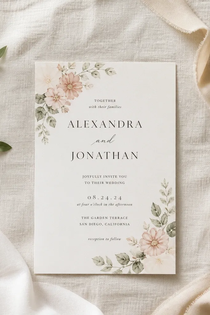 Off-white invitation with soft floral corner accents and centered text