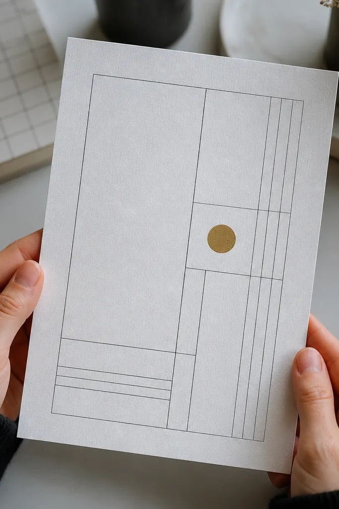 White invitation with modern grid layout and a single geometric dot accent