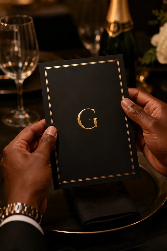 Deep black invitation with gold accent typography and minimal icons