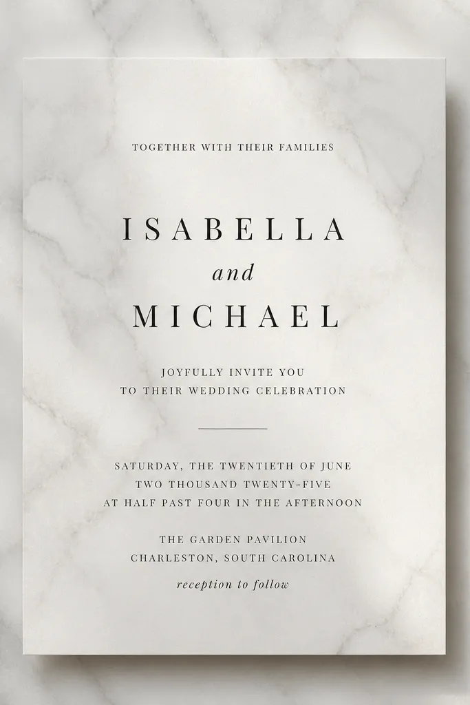 Marble-vein invitation with minimal text in dark gray