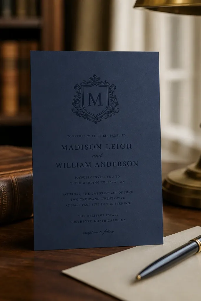 Navy invitation with a monogram crest and classic serif typography