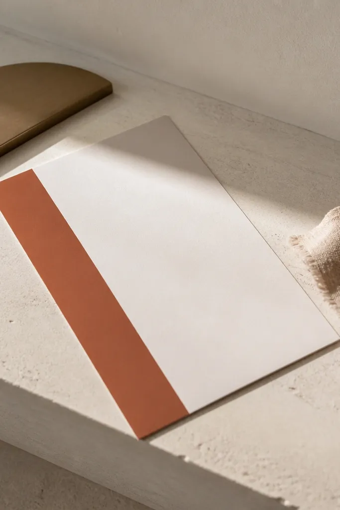 Terracotta side band invitation with white center and clean typography
