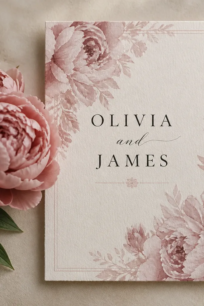 Dusty floral typography invitation with muted pink peony accents and serif text