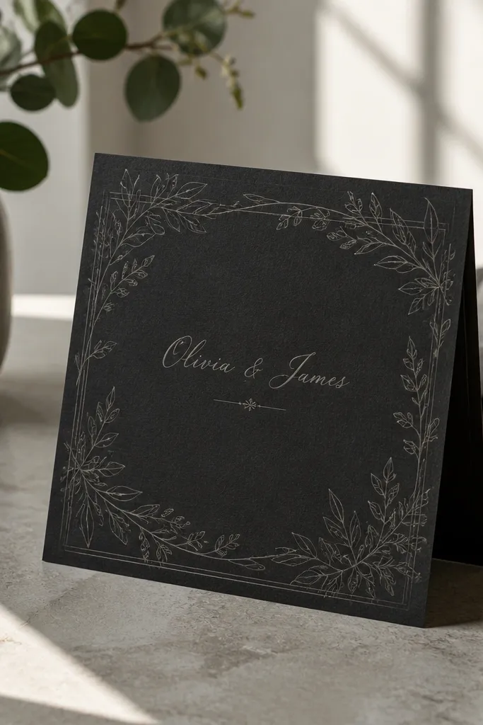 Monochrome invitation with thin botanical line art, script names, and frame