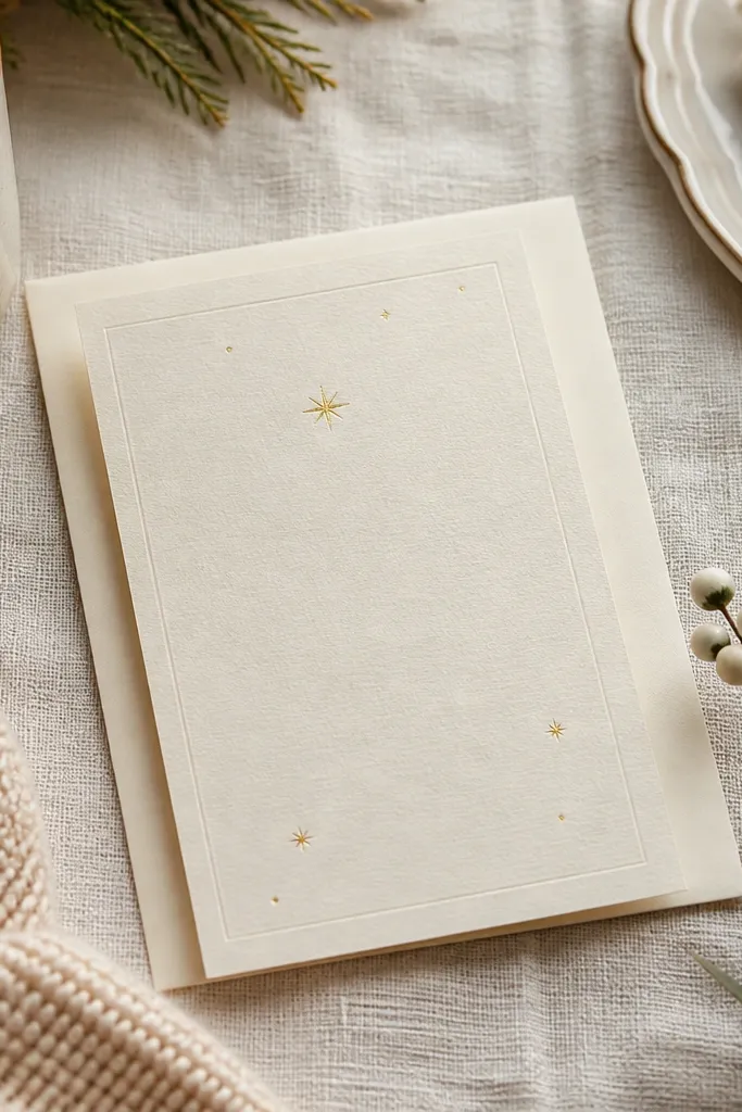 Cream invitation with white text and tiny gold star accents