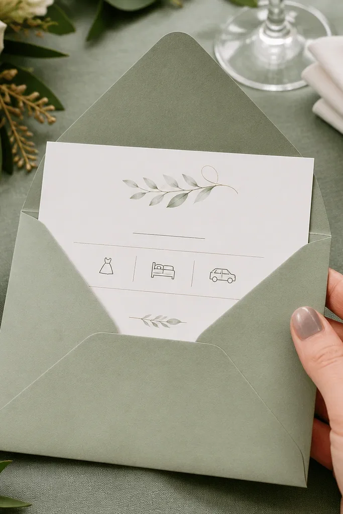 Sage green details card with white space and minimal text blocks