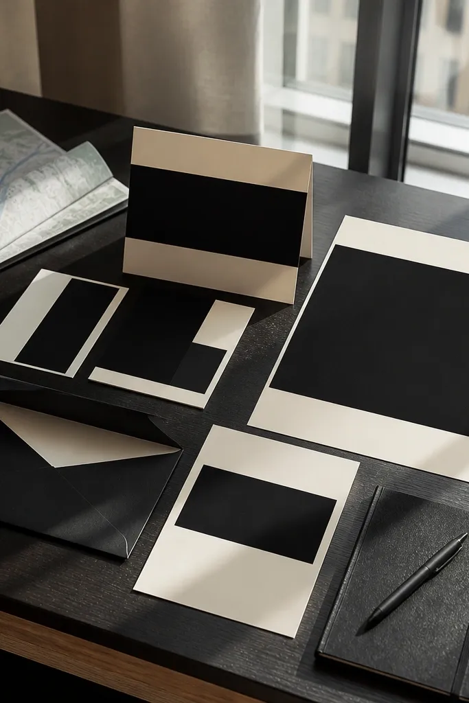 Black and ivory invitation layout with large typography blocks and no photos
