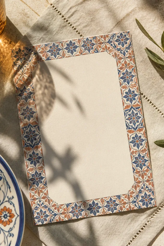 Invitation with blue tile border and warm beige type