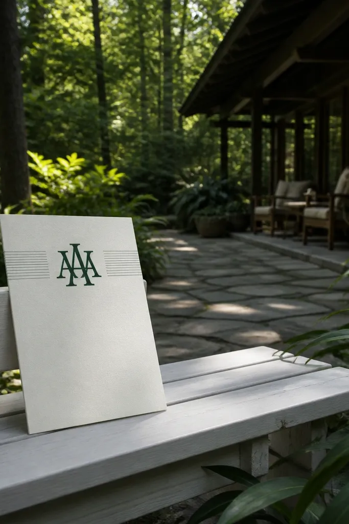 Green monogram invitation with thin white lines and airy layout