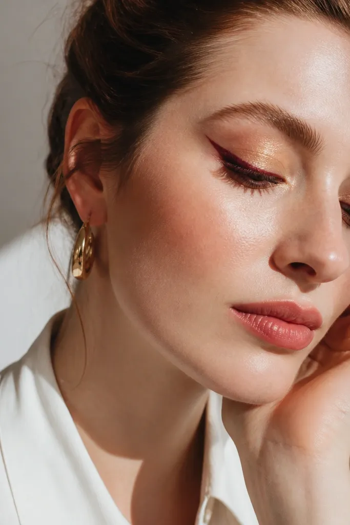 Burgundy winged liner with soft gold shimmer on inner lid