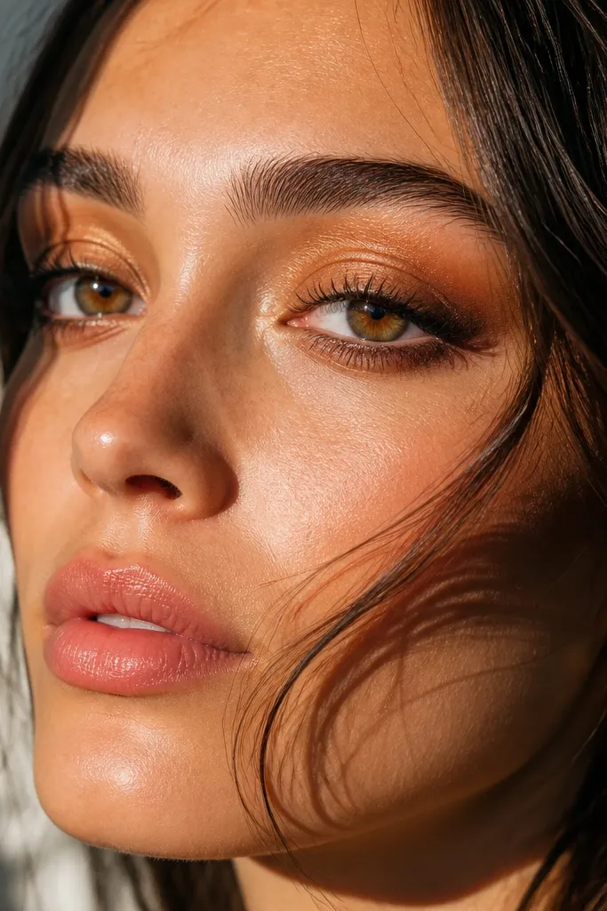 Sienna bronze shadows with emphasis on the outer corner and lifted lashes