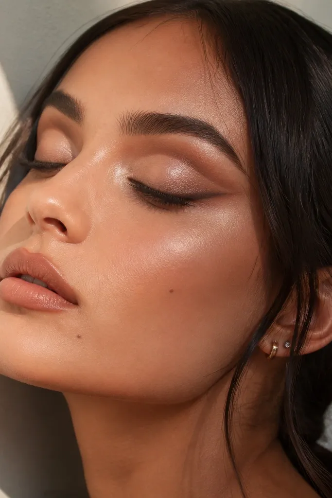 Mocha cut crease with pearl highlight at inner corner and satin lid