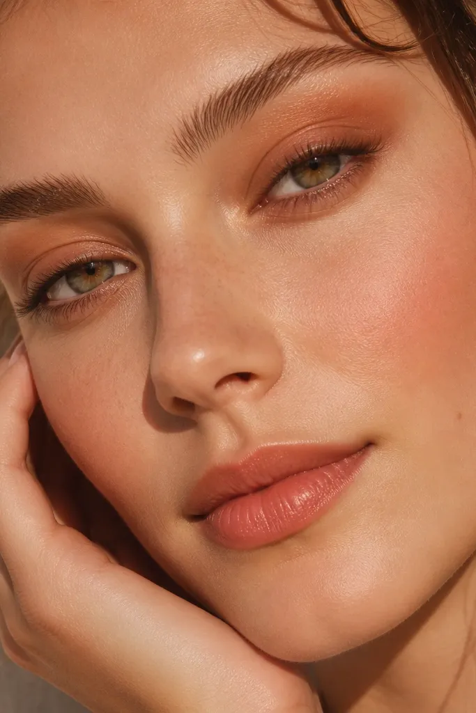 Terracotta blush-toned lid with neutral brown liner and soft blending