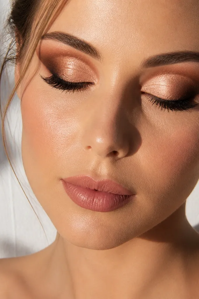Bronze rose cut crease with warm peach shimmer on the inner lid