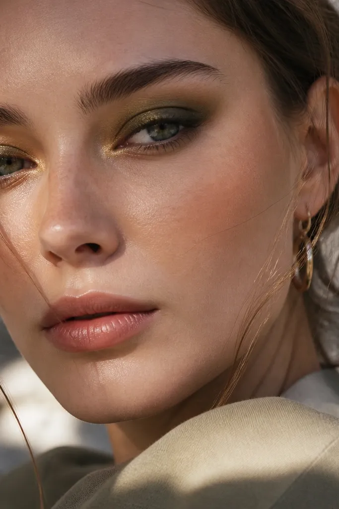 Deep olive shadow with a gold highlight at the tear duct and soft outer blending