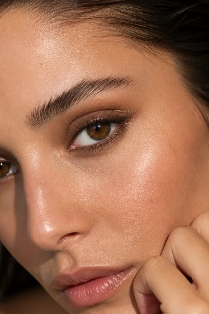 One-shadow chocolate brown eye with a glossy lighter center and inner glow