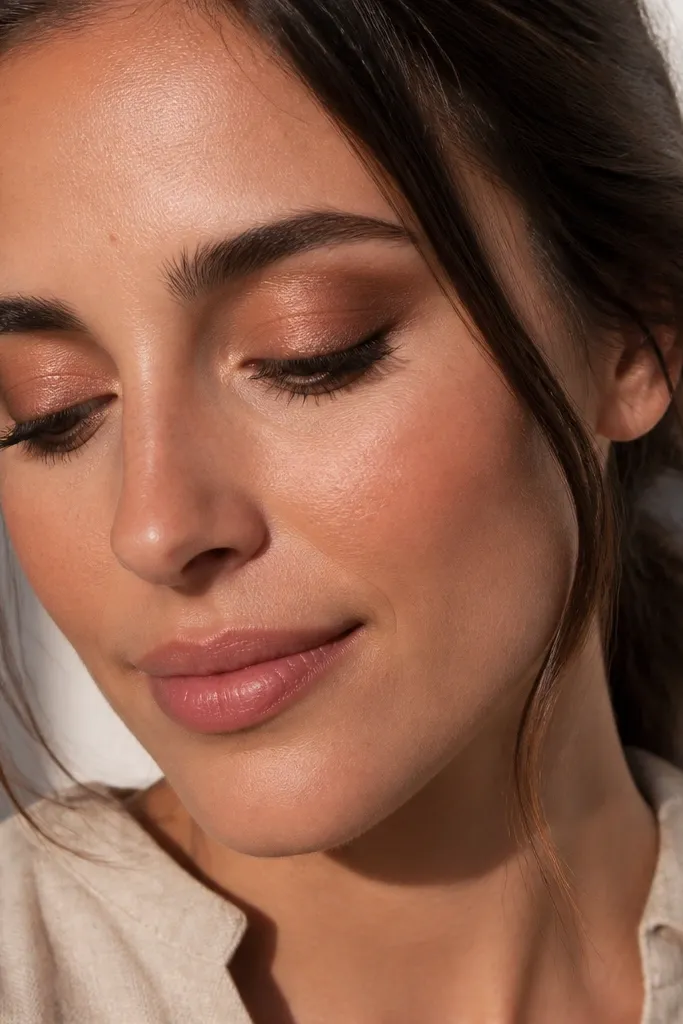 Warm peachy nude lid with espresso outer corner and inner highlight